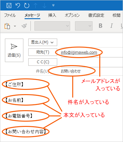 メールアドレス、件名、本文が入った Outlook 画面